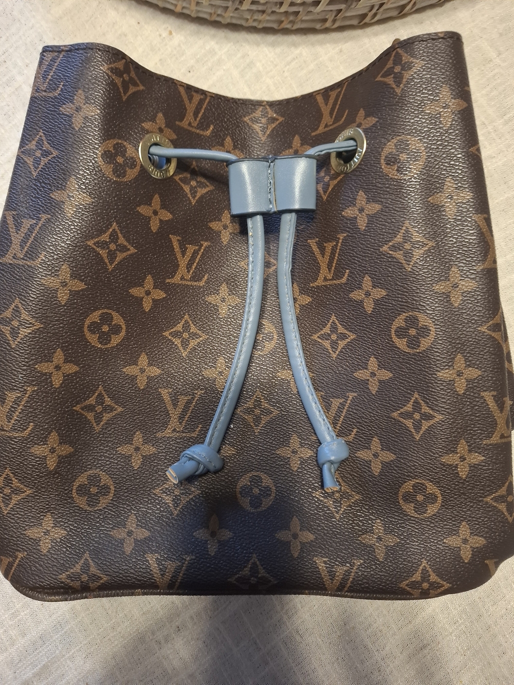 Designer Inspired Blue-Trim Drawstring Bucket Shoulder Bag